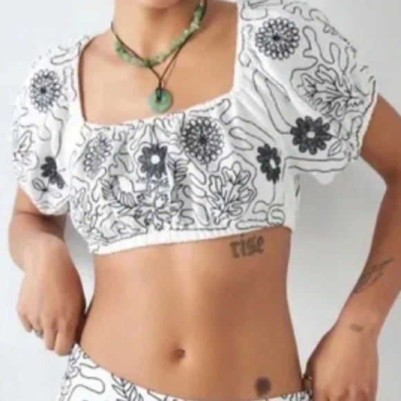 Free People Lotus embroidered White Floral  Off-Shoulder Top,Large - Picture 2 of 7